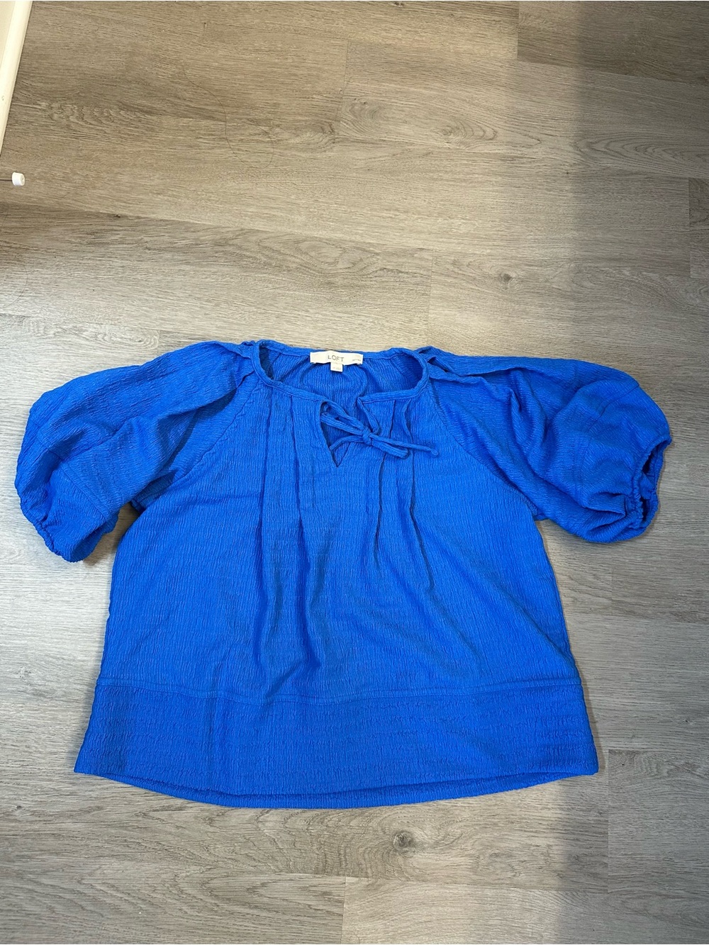 LOFT petite Royal Blue Puff Sleeve Tie-Neck Top
